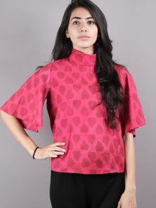 Pink Red High Neck Hand Block Printed Cotton Flared Sleeves Back Buttons Top - T1158016