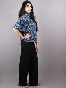 Indigo High Neck Hand Block Printed Cotton Flared Sleeves Back Buttons Top - T1026002