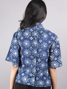 Indigo High Neck Hand Block Printed Cotton Flared Sleeves Back Buttons Top - T1026002