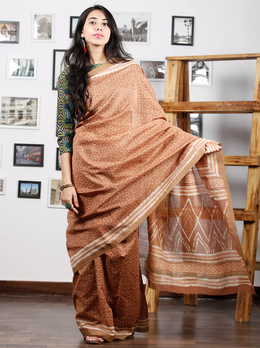 Peanut Brown Ivory Chanderi Silk Hand Block Printed Saree With Geecha Border - S031702933