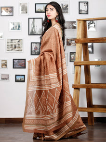 Peanut Brown Ivory Chanderi Silk Hand Block Printed Saree With Geecha Border - S031702933