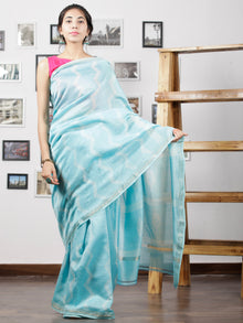 Sky Blue White Maheshwari Silk Hand Shibori Dyed Saree With Zari Border - S031702945