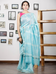 Sky Blue White Maheshwari Silk Hand Shibori Dyed Saree With Zari Border - S031702945