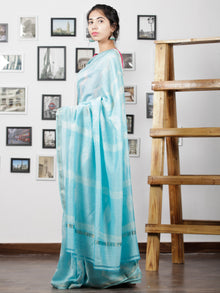 Sky Blue White Maheshwari Silk Hand Shibori Dyed Saree With Zari Border - S031702945
