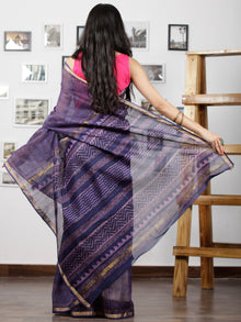 Purple Blue Maheshwari Silk Hand Block Printed Saree With Zari Border - S031702947