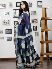 Indigo Hand Brushed Dabu Maheshwari  Silk Saree With Zari Border - S031702948