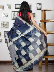 Indigo Hand Brushed Dabu Maheshwari  Silk Saree With Zari Border - S031702948
