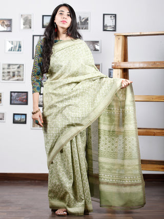 Pistachio Green Ivory Chanderi Silk Hand Block Printed Saree With Geecha Border - S031702934