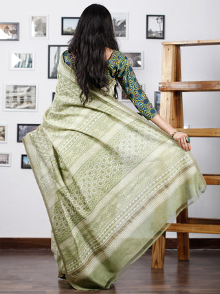 Pistachio Green Ivory Chanderi Silk Hand Block Printed Saree With Geecha Border - S031702934