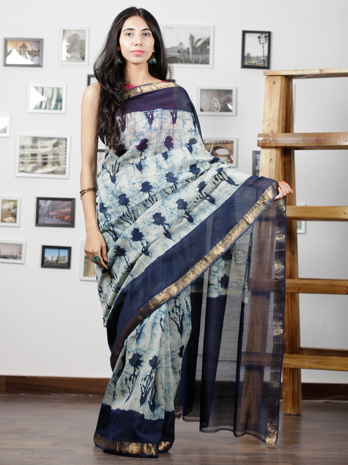 Indigo Ivory Hand Brushed Dabu Maheshwari  Silk Saree With Zari Border - S031702950