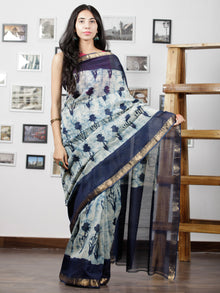 Indigo Ivory Hand Brushed Dabu Maheshwari  Silk Saree With Zari Border - S031702950