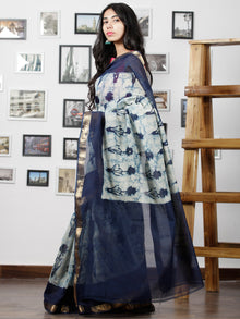 Indigo Ivory Hand Brushed Dabu Maheshwari  Silk Saree With Zari Border - S031702950