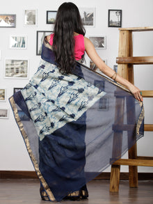 Indigo Ivory Hand Brushed Dabu Maheshwari  Silk Saree With Zari Border - S031702950