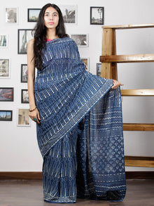 Indigo White Hand Block Printed Cotton Mul Saree - S031702995