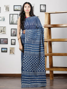 Indigo White Hand Block Printed Cotton Mul Saree - S031702995