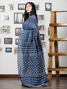 Indigo White Hand Block Printed Cotton Mul Saree - S031702995