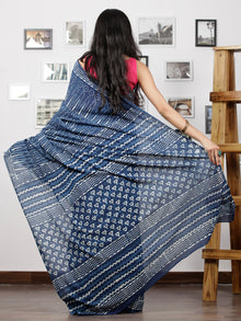 Indigo White Hand Block Printed Cotton Mul Saree - S031702995