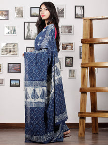 Indigo White Hand Block Printed Cotton Mul Saree - S031702955