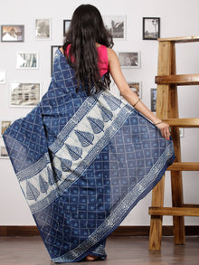 Indigo White Hand Block Printed Cotton Mul Saree - S031702955