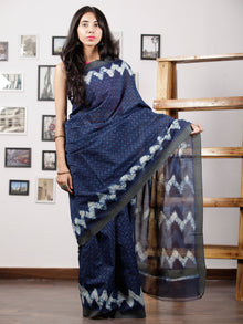 Indigo Ivory Black Chanderi Silk Hand Block Printed Saree With Geecha Border - S031702956
