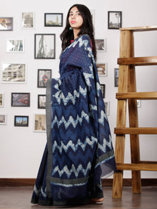Indigo Ivory Black Chanderi Silk Hand Block Printed Saree With Geecha Border - S031702956