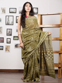 Olive Green White Hand Block Printed Cotton Mul Saree - S031702958