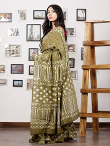 Olive Green White Hand Block Printed Cotton Mul Saree - S031702958
