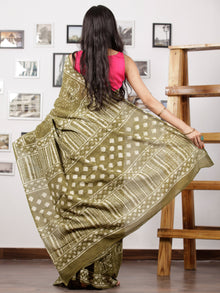 Olive Green White Hand Block Printed Cotton Mul Saree - S031702958