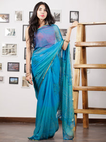 SkyBlue Green Hand Block Printed Chiffon Saree with Zari Border - S031702960