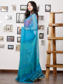 SkyBlue Green Hand Block Printed Chiffon Saree with Zari Border - S031702960
