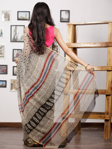 Ivory Black Hand Block Printed Chiffon Saree with Zari Border - S031702962