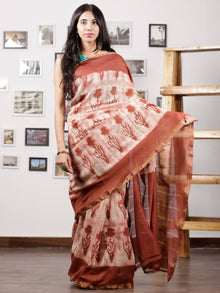 Rosewood Pink Ivory Hand Brushed Dabu & Hand Block Printed Maheshwari Silk Saree With Zari Border - S031702966