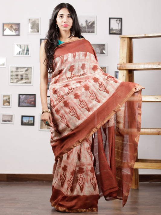 Rosewood Pink Ivory Hand Brushed Dabu & Hand Block Printed Maheshwari Silk Saree With Zari Border - S031702966