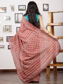 Rosewood Pink White Hand Block Printed Cotton Mul Saree - S031702967