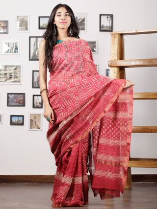 Punch Pink Ivory Maheshwari Silk Hand Block Printed Saree With Zari Border - S031702969
