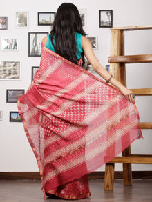 Punch Pink Ivory Maheshwari Silk Hand Block Printed Saree With Zari Border - S031702969