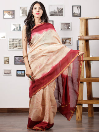 Maroon Ivory Hand Brushed Dabu Painted Maheshwari Silk Saree With Zari Border - S031702970