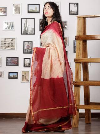 Maroon Ivory Hand Brushed Dabu Painted Maheshwari Silk Saree With Zari Border - S031702970