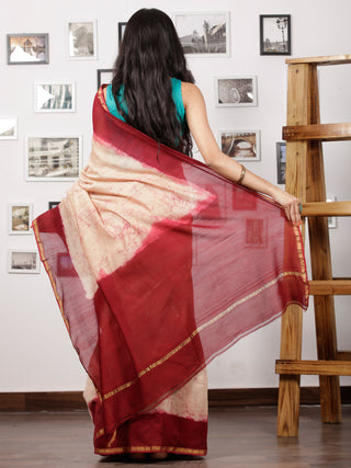 Maroon Ivory Hand Brushed Dabu Painted Maheshwari Silk Saree With Zari Border - S031702970