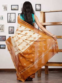 Peanut Brown Ivory Maheshwari Silk Hand Block Printed Saree With Zari Border - S031702972