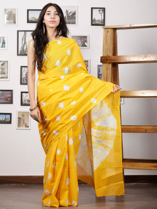 Bright Yellow White Grey Hand Shibori Dyed Saree Cotton Mul Saree - S031702975