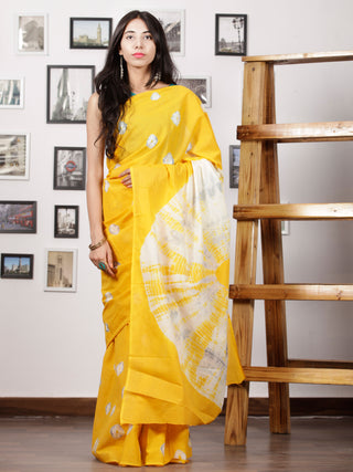 Bright Yellow White Grey Hand Shibori Dyed Saree Cotton Mul Saree - S031702975
