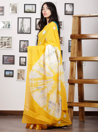 Bright Yellow White Grey Hand Shibori Dyed Saree Cotton Mul Saree - S031702975