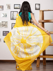 Bright Yellow White Grey Hand Shibori Dyed Saree Cotton Mul Saree - S031702975