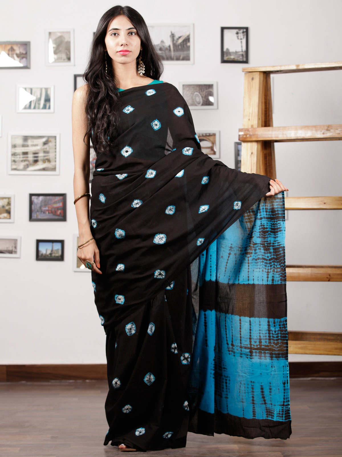 Black Sky Blue White Hand Shibori Dyed Saree Cotton Mul Saree - S031702978