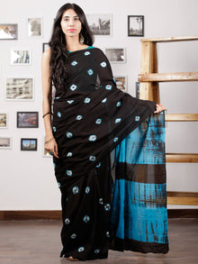 Black Sky Blue White Hand Shibori Dyed Saree Cotton Mul Saree - S031702978