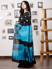 Black Sky Blue White Hand Shibori Dyed Saree Cotton Mul Saree - S031702978
