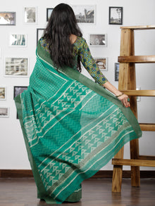 Green White Chanderi Silk Hand Block Printed Saree With Geecha Border - S031702937