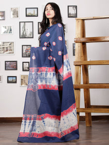 Indigo Pink White Hand Shibori Dyed Saree Cotton Mul Saree - S031702979