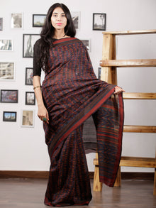 Indigo Purple Black Maheshwari Silk Hand Block Printed Saree With Zari Border - S031702994